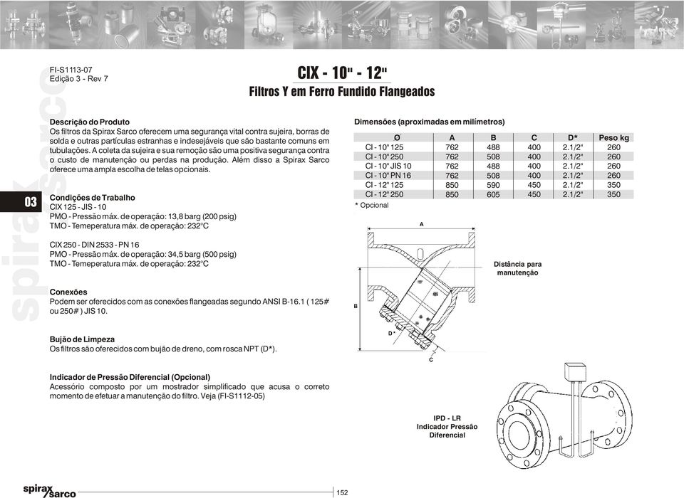 lém disso a Spirax Sarco oferece uma ampla escolha de telas opcionais. ondições de Trabalho IX 25 JIS 0 PMO Pressão máx. de operação: 3,8 barg ( psig) TMO Temeperatura máx.