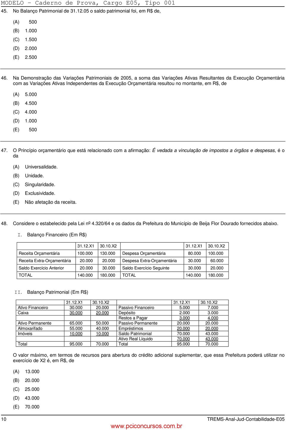 montante, em R$, de 5.000 4.500 4.000 1.000 500 47. O Princípio orçamentário que está relacionado com a afirmação: É vedada a vinculação de impostos a órgãos e despesas, é o da Universalidade.