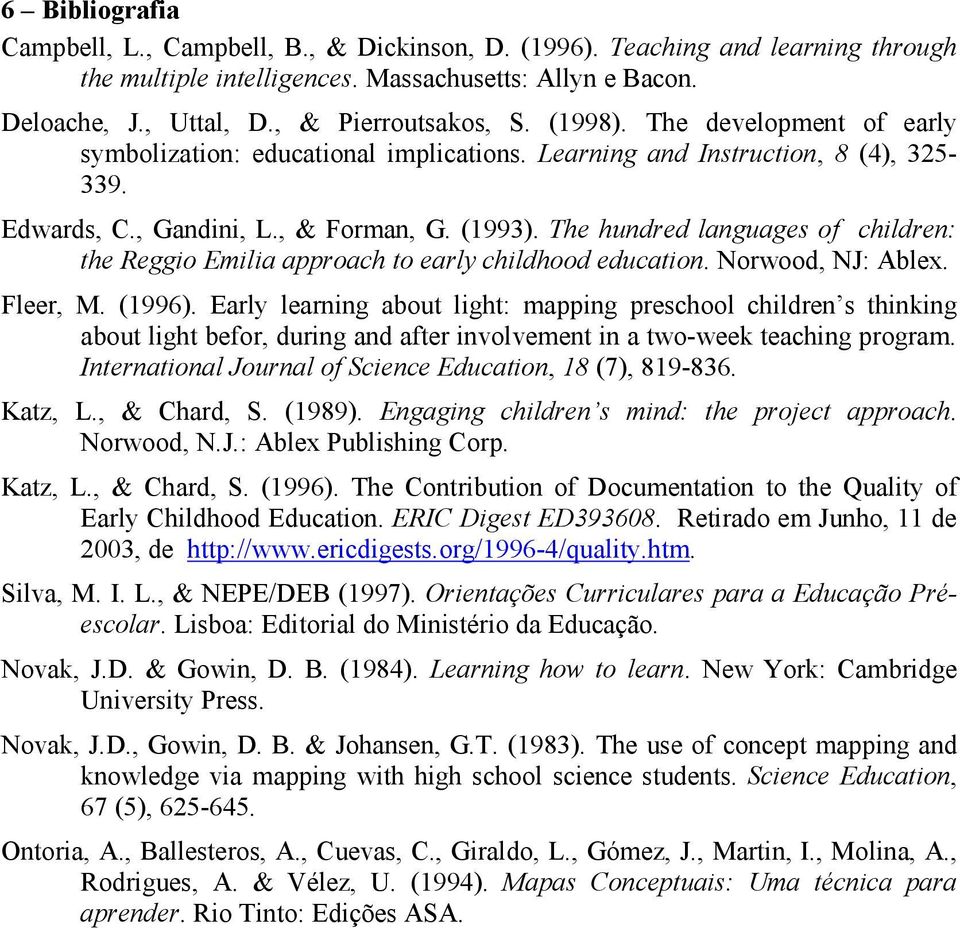 The hundred languages of children: the Reggio Emilia approach to early childhood education. Norwood, NJ: Ablex. Fleer, M. (1996).