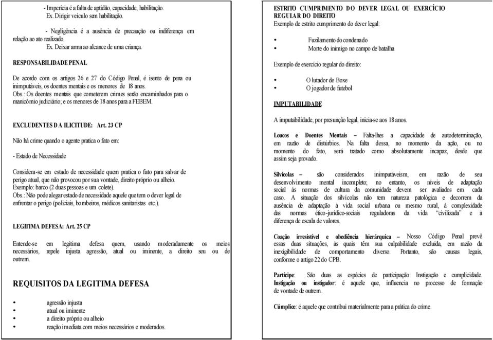 : Os doentes mentais que cometerem crimes serão encaminhados para o manicômio judiciário; e os menores de 18 anos para a FEBEM. EXCLUDENTES D A ILICITUDE: Art.