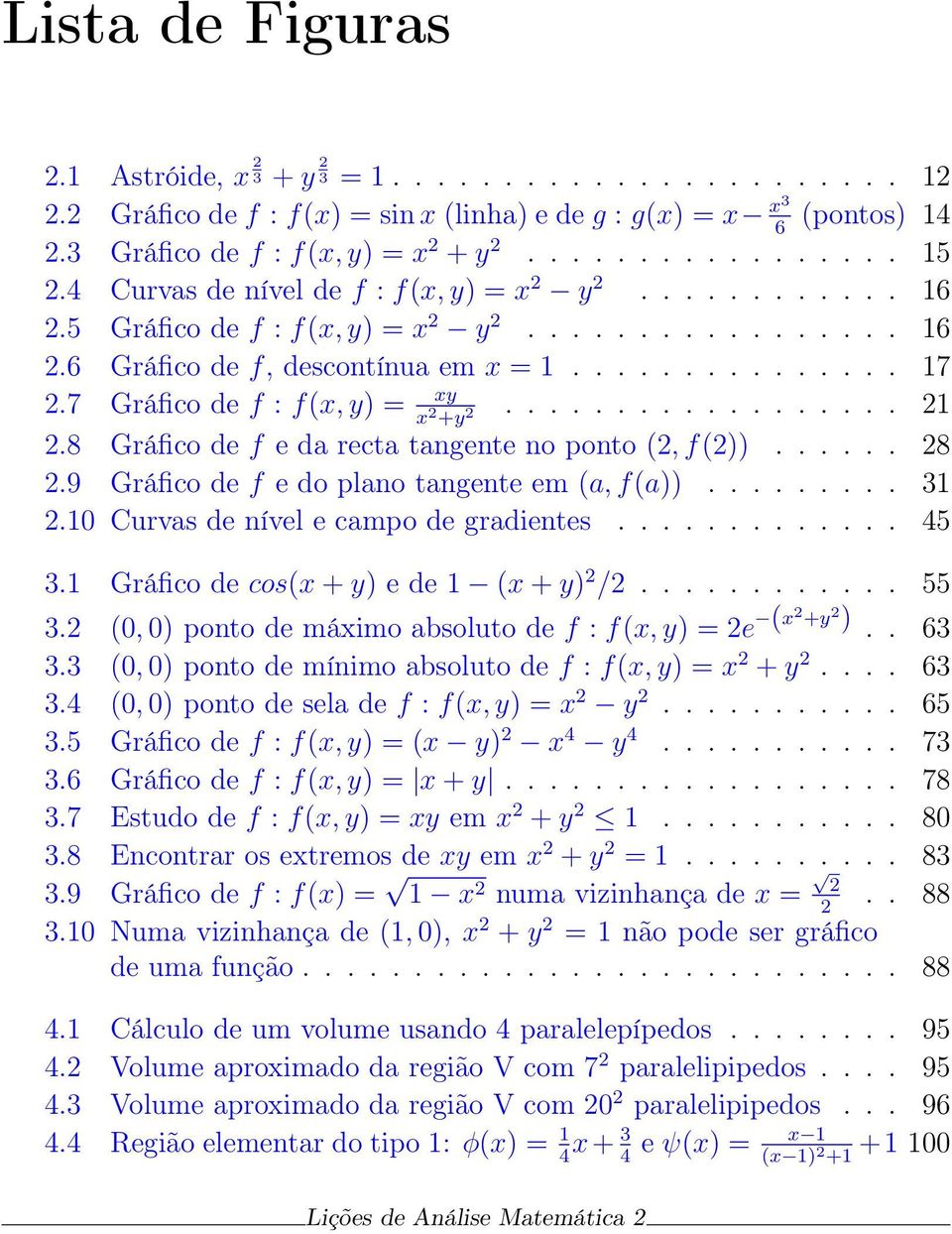 ..... 8.9 Gráfico de f e do plano tangente em (a, f(a))......... 31.10 Curvas de nível e campo de gradientes............. 45 3.1 Gráfico de cos(x + y) e de 1 (x + y) /............ 55 3.