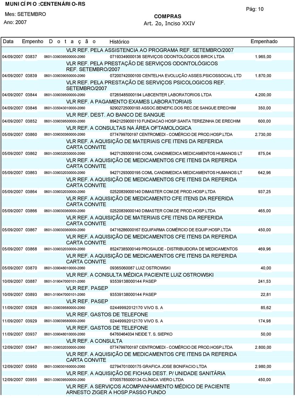 PELA PRESTAÇÃO DE SERVIÇOS PSICOLOGICOS REF. SETEMBRO/2007 04/09/200703844 07265485000194 LABCENTER LABORATORIOS LTDA 4.200,00 0601-339039500000-2060 VLR REF.