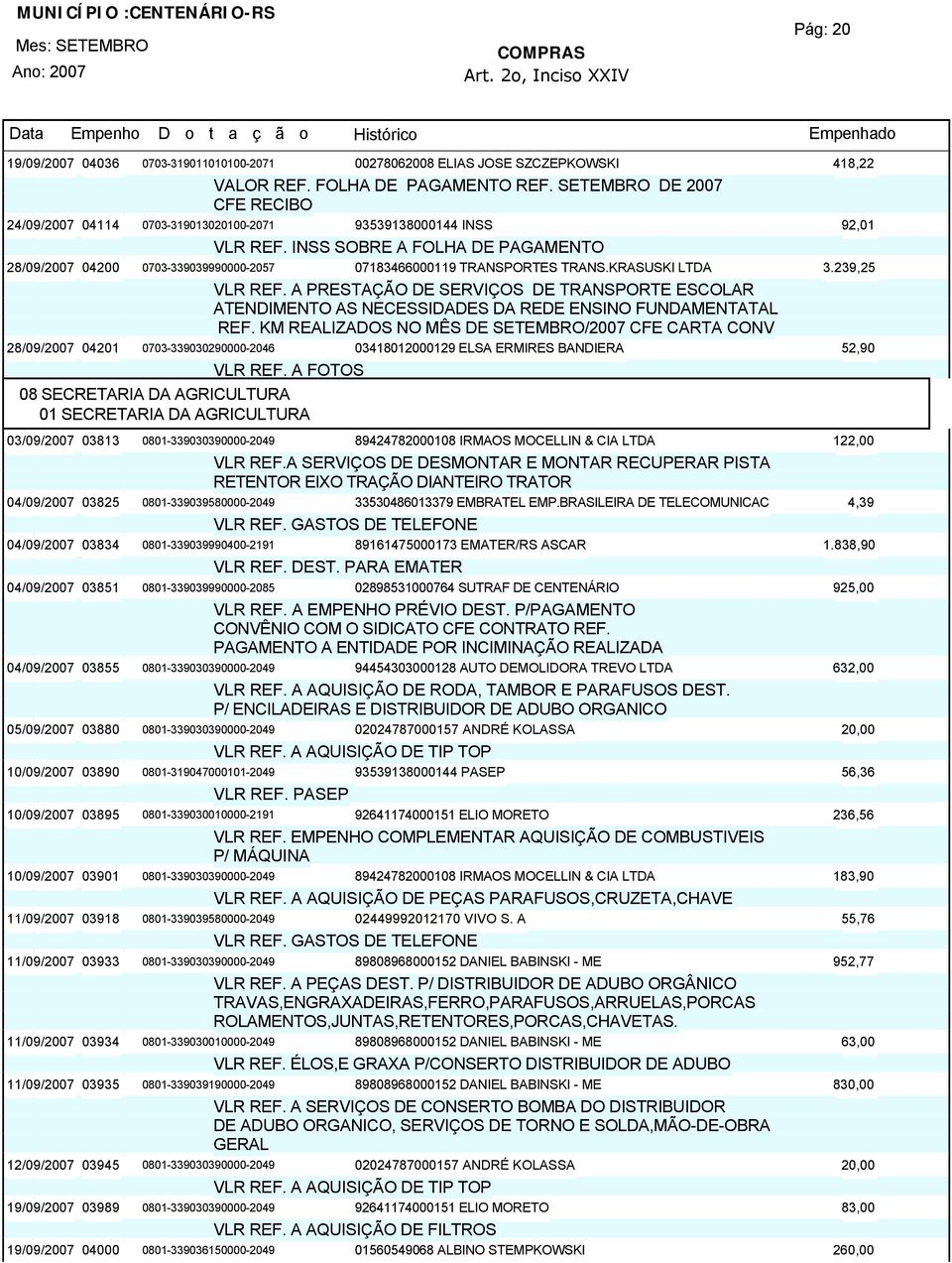 KM REALIZADOS NO MÊS DE SETEMBRO/2007 CFE CARTA CONV 28/09/200704201 0703-339030290000-2046 03418012000129 ELSA ERMIRES BANDIERA 52,90 VLR REF.