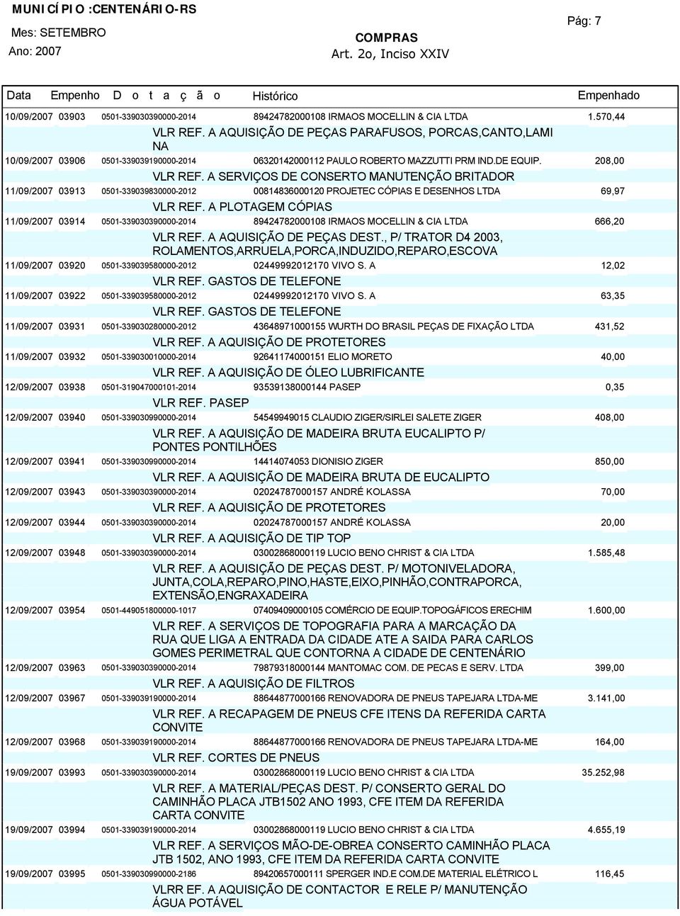 A PLOTAGEM CÓPIAS 11/09/200703914 89424782000108 IRMAOS MOCELLIN & CIA LTDA 666,20 VLR REF. A AQUISIÇÃO DE PEÇAS DEST.