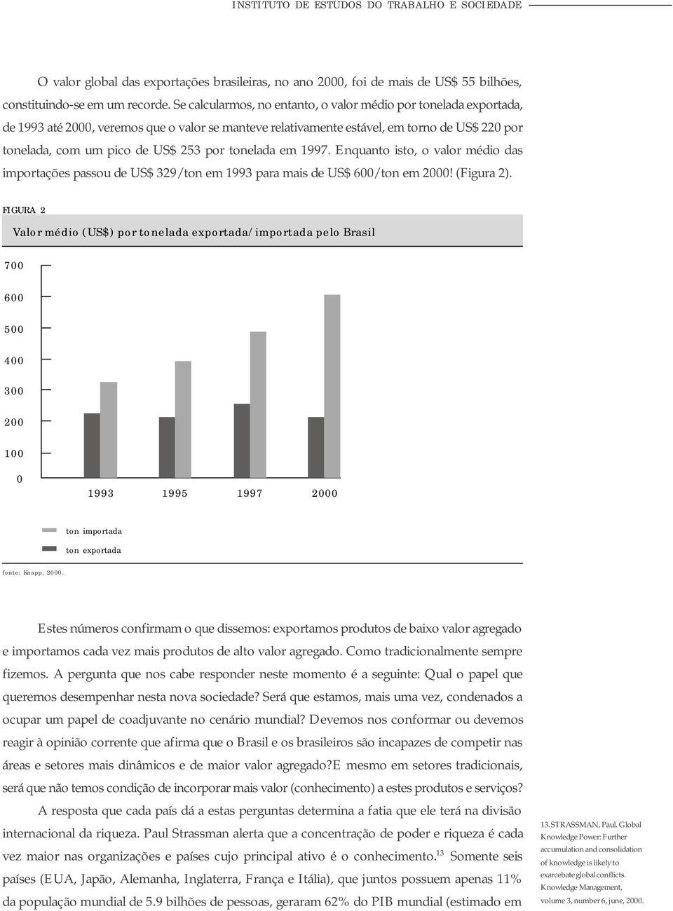 tonelada em 1997. Enquanto isto, o valor médio das importações passou de US$ 329/ton em 1993 para mais de US$ 600/ton em 2000! (Figura 2).