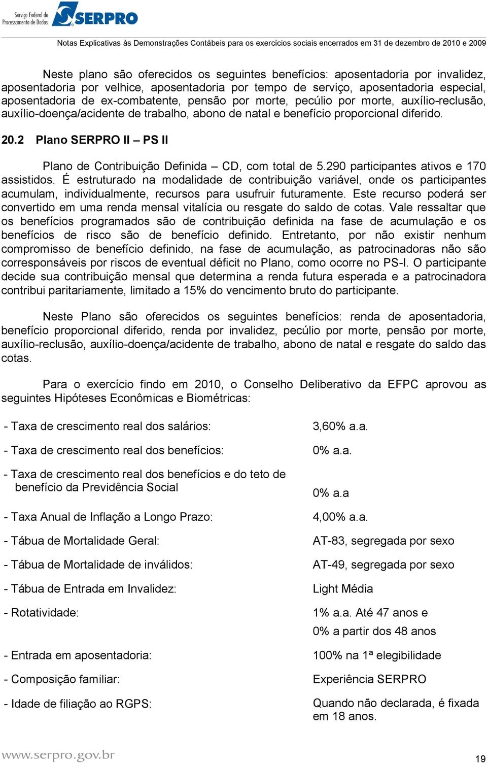 2 Plano SERPRO II PS II Plano de Contribuição Definida CD, com total de 5.290 participantes ativos e 170 assistidos.