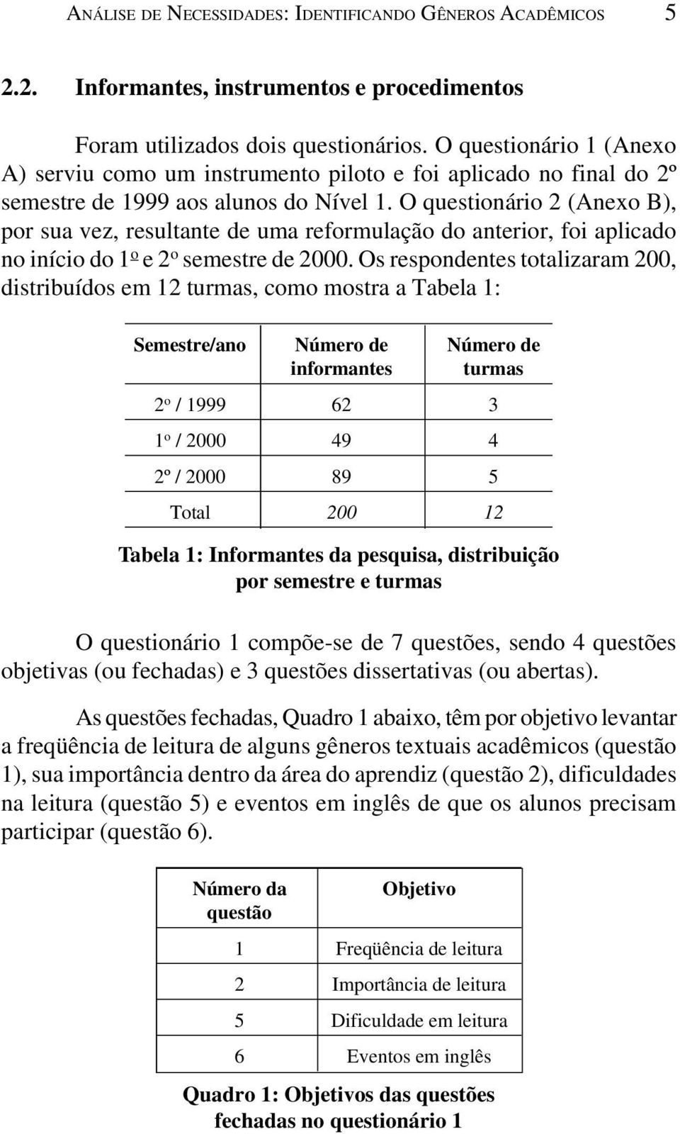 O questionário 2 (Anexo B), por sua vez, resultante de uma reformulação do anterior, foi aplicado no início do 1 o e 2 o semestre de 2000.