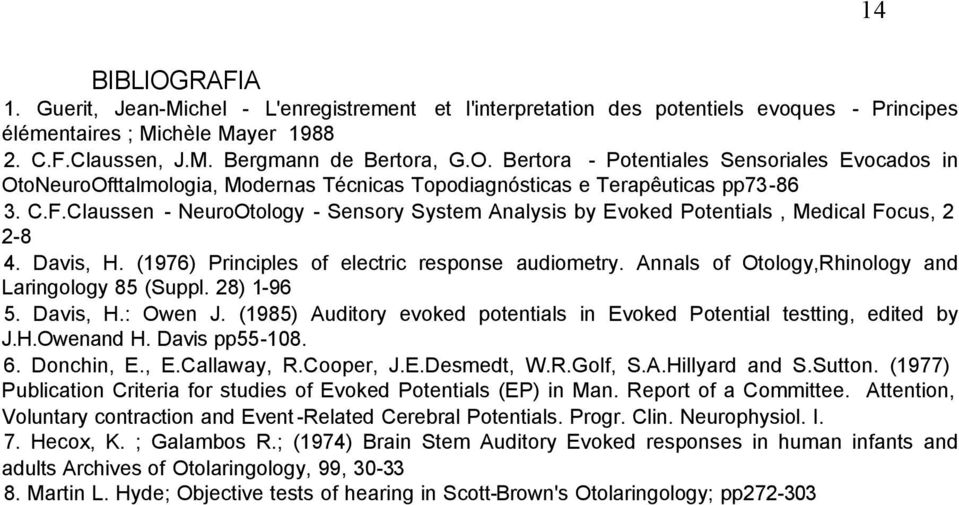 Annals of Otology,Rhinology and Laringology 85 (Suppl. 28) 1-96 5. Davis, H.: Owen J. (1985) Auditory evoked potentials in Evoked Potential testting, edited by J.H.Owenand H. Davis pp55-108. 6.