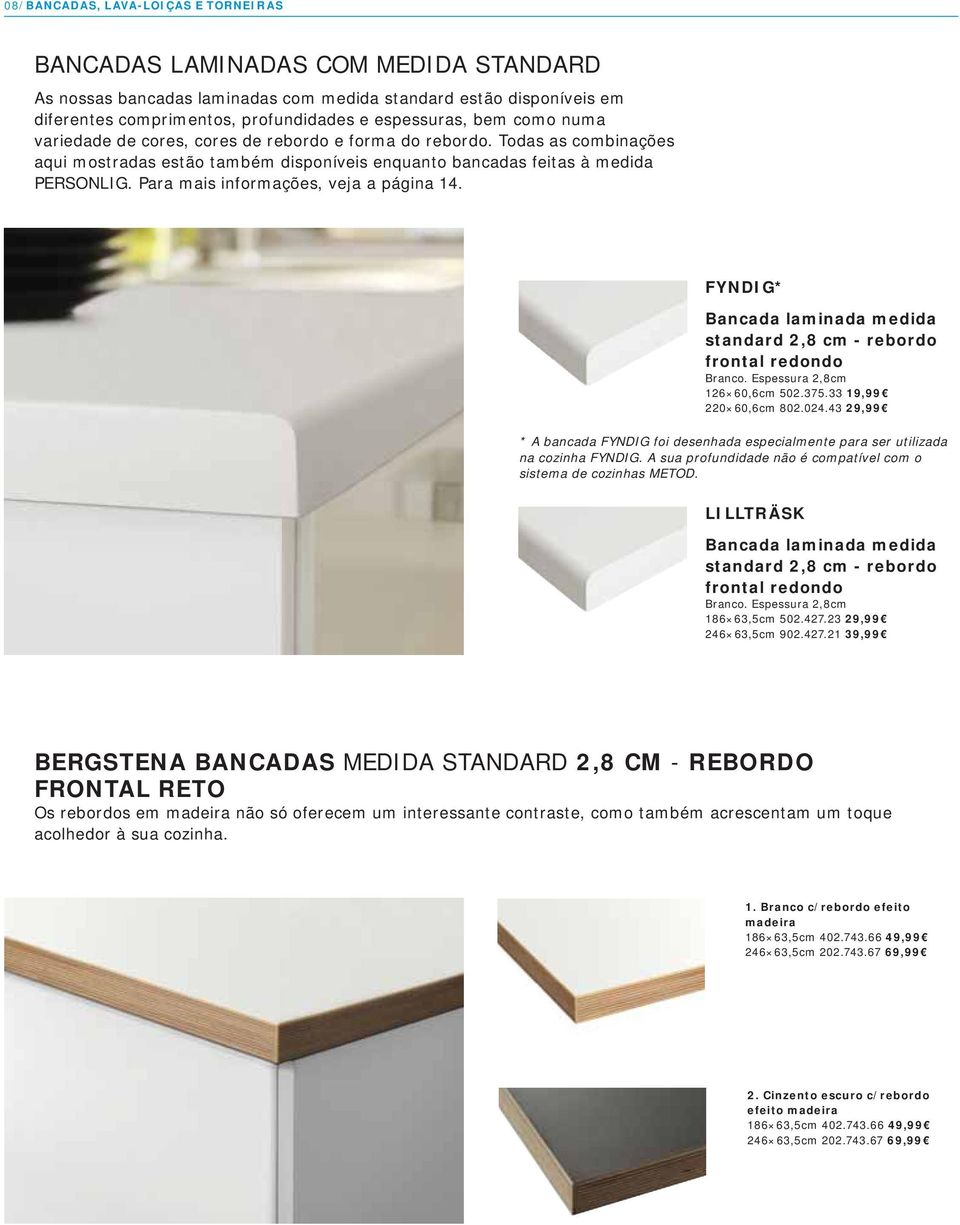 Para mais informações, veja a página 14. FYNDIG* Bancada laminada medida standard 2,8 cm - rebordo frontal redondo Branco. Espessura 2,8cm 126 60,6cm 502.375.33 19,99 220 60,6cm 802.024.