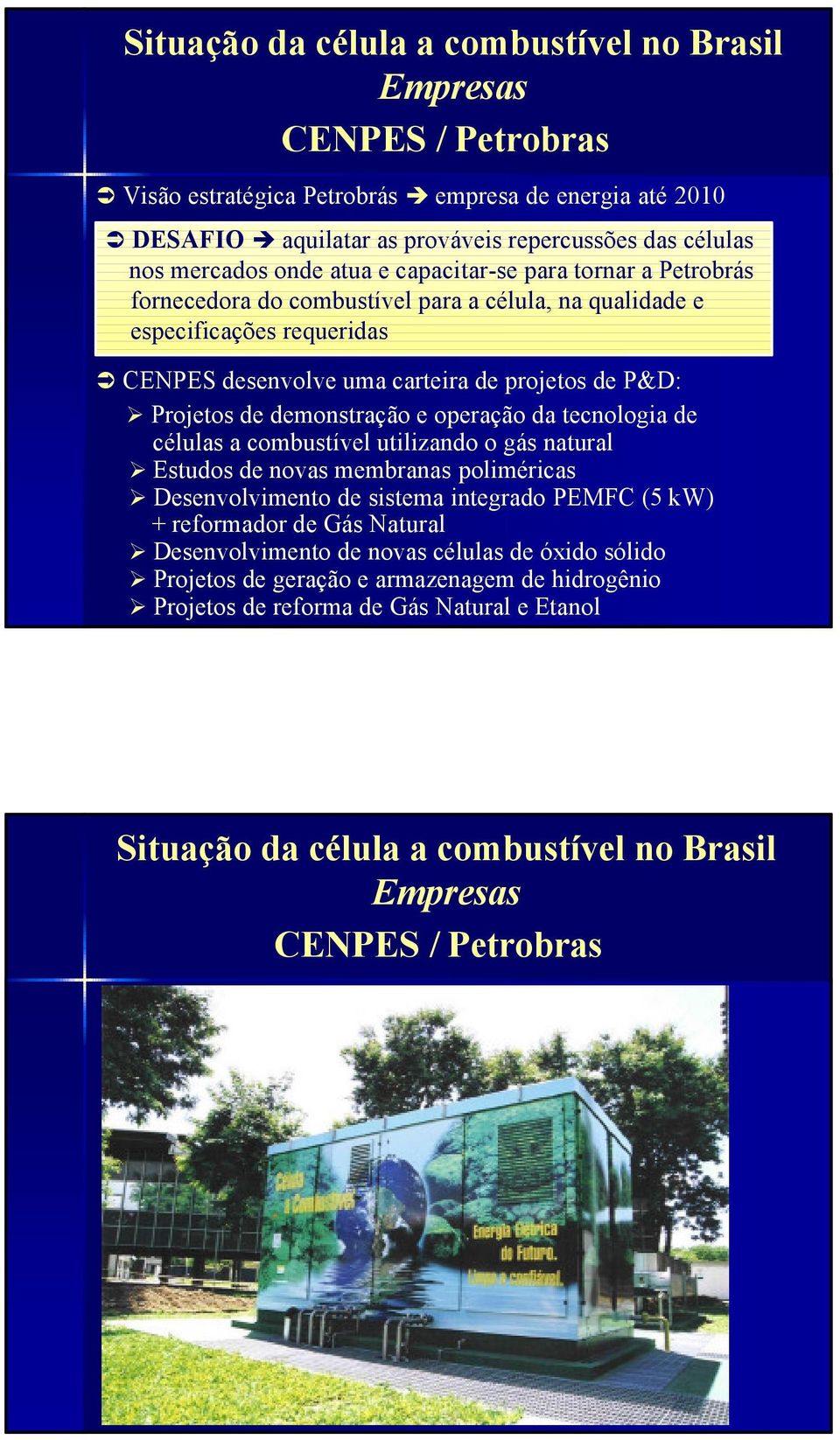 demonstração e operação da tecnologia de células a combustível utilizando o gás natural Estudos de novas membranas poliméricas Desenvolvimento de sistema integrado PEMFC (5 kw) + reformador de Gás