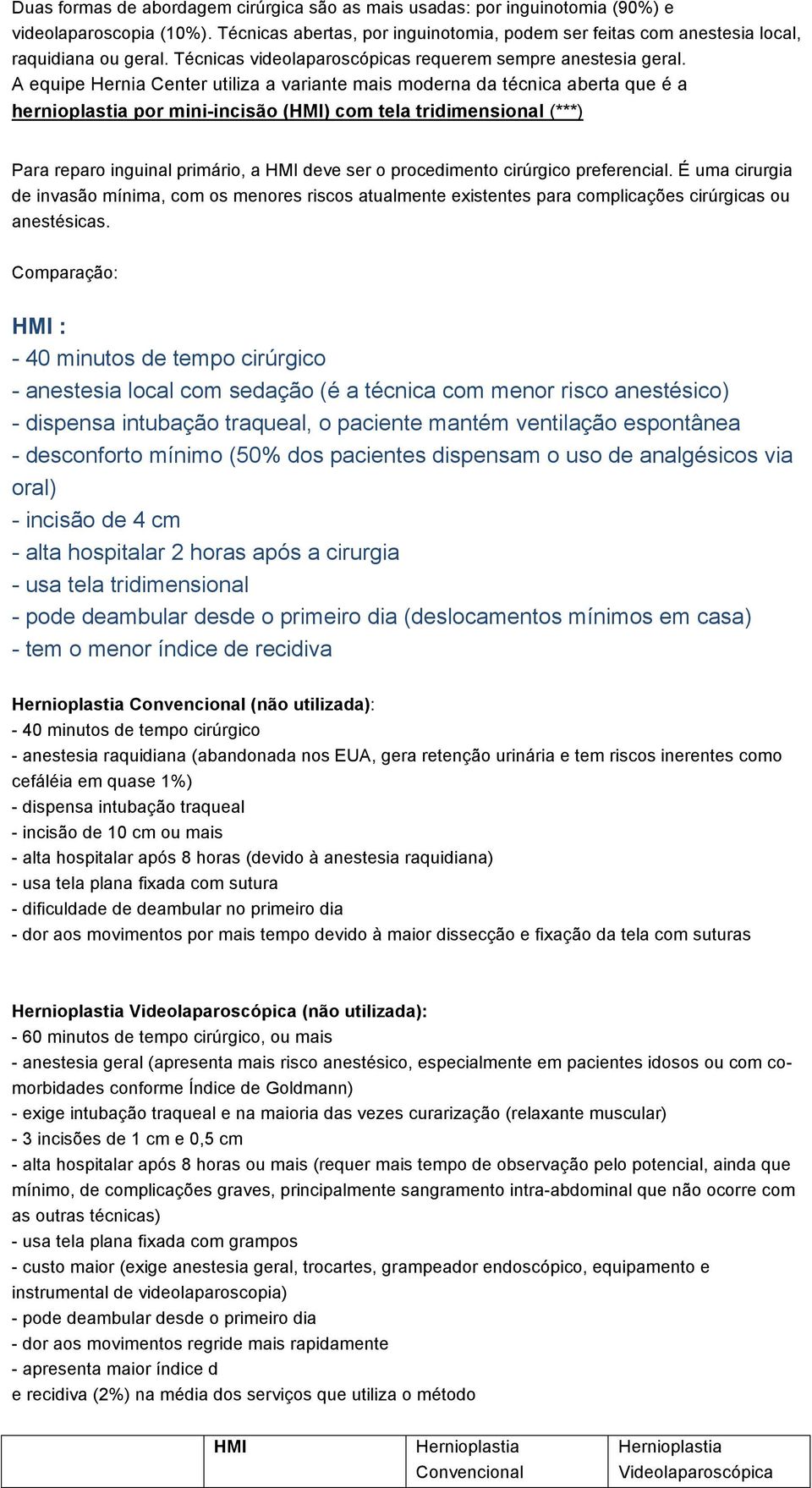 A equipe Hernia Center utiliza a variante mais moderna da técnica aberta que é a hernioplastia por mini-incisão (HMI) com tela tridimensional (***) Para reparo inguinal primário, a HMI deve ser o