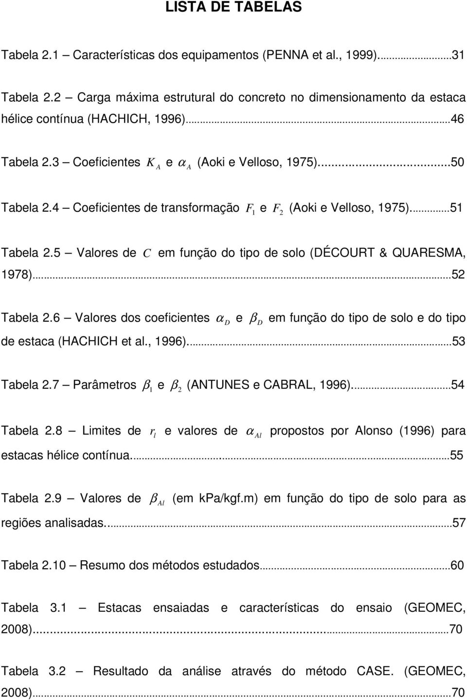 5 Valores de C em função do tipo de solo (DÉCOURT & QUARESMA, 1978)...52 Tabela 2.6 Valores dos coeficientes α D e β D em função do tipo de solo e do tipo de estaca (HACHICH et al., 1996)...53 Tabela 2.