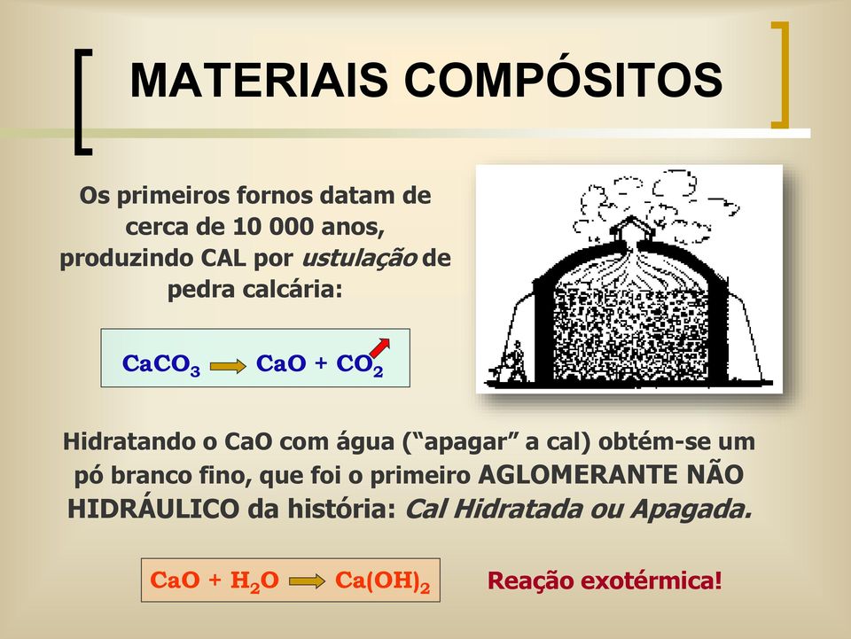 apagar a cal) obtém-se um pó branco fino, que foi o primeiro AGLOMERANTE NÃO