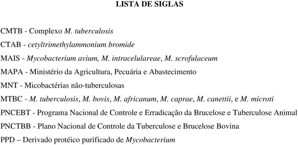 scrofulaceum MAPA - Ministério da Agricultura, Pecuária e Abastecimento MNT - Micobactérias não-tuberculosas MTBC - M. tuberculosis, M.