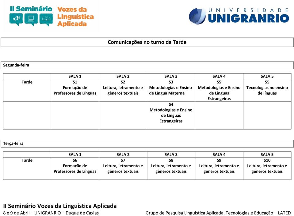 Estrangeiras S5 Tecnologias no ensino de línguas Terça-feira Tarde SALA 1 SALA 2 SALA 3 SALA 4 SALA 5 S7 S8 S9 Leitura, letramento e Leitura,