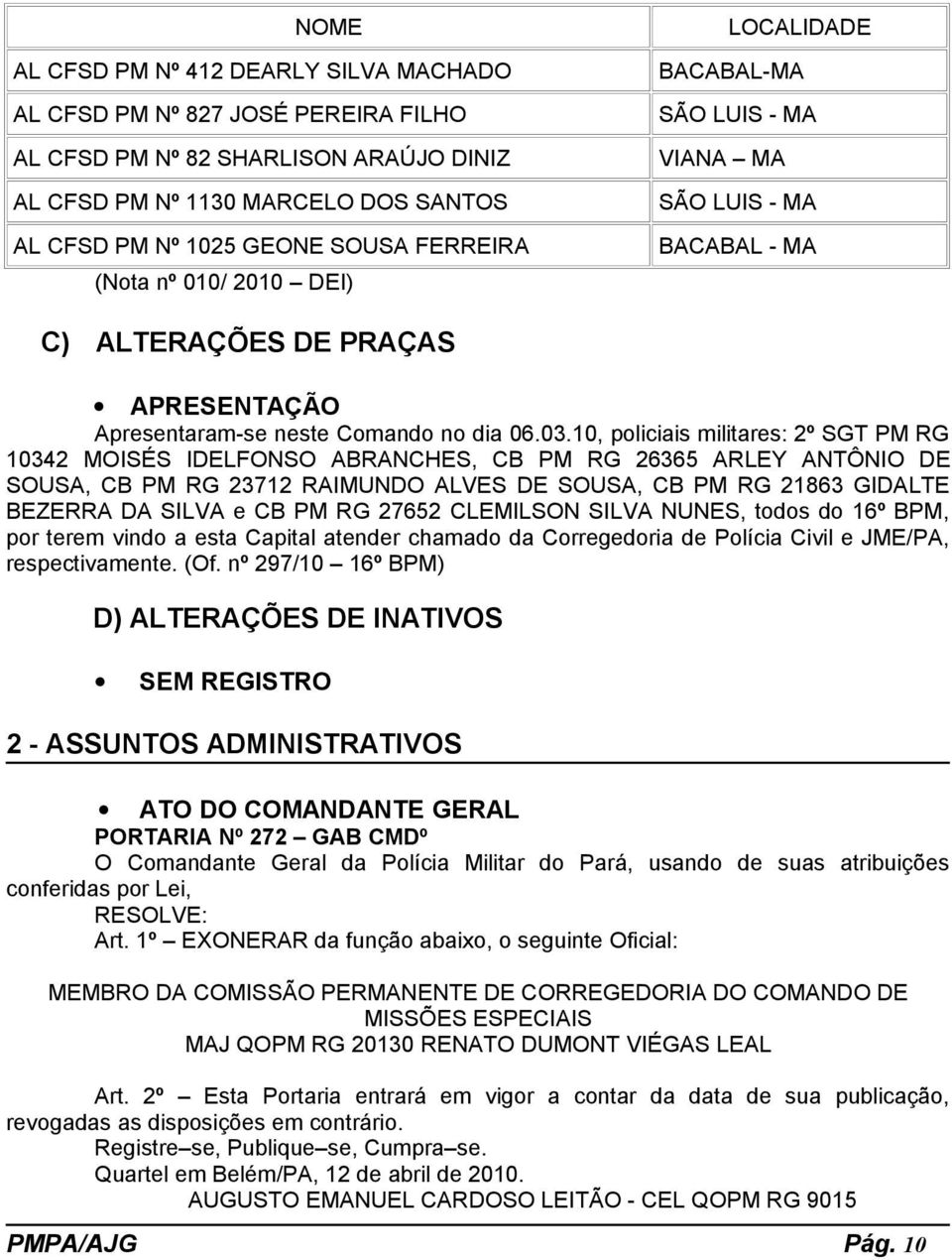 10, policiais militares: 2º SGT PM RG 10342 MOISÉS IDELFONSO ABRANCHES, CB PM RG 26365 ARLEY ANTÔNIO DE SOUSA, CB PM RG 23712 RAIMUNDO ALVES DE SOUSA, CB PM RG 21863 GIDALTE BEZERRA DA SILVA e CB PM