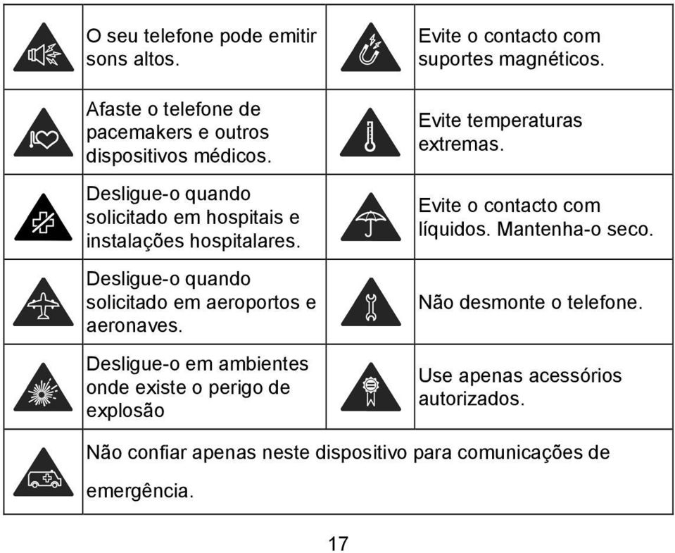 Desligue-o em ambientes onde existe o perigo de explosão Evite o contacto com suportes magnéticos. Evite temperaturas extremas.