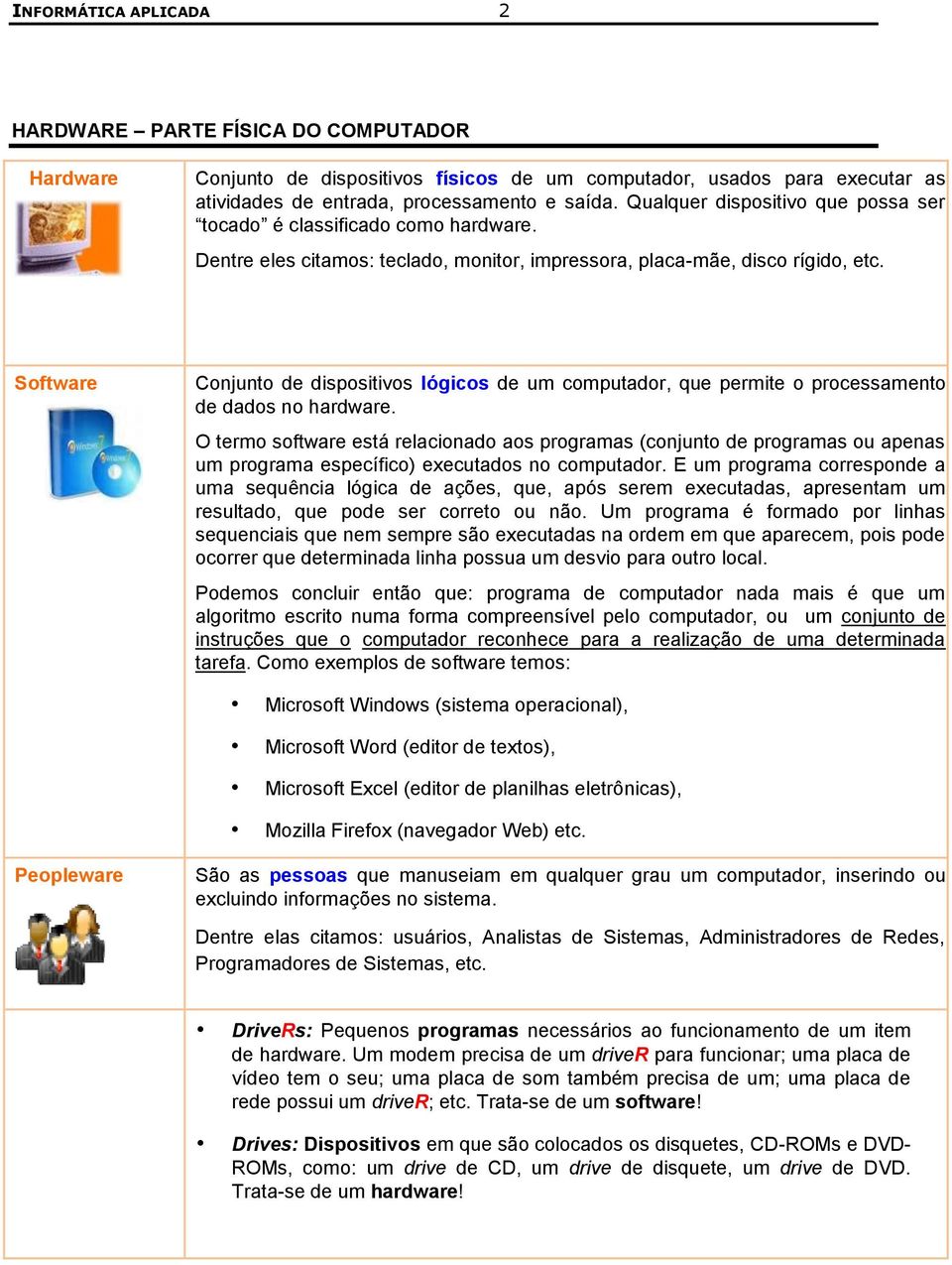 Software Conjunto de dispositivos lógicos de um computador, que permite o processamento de dados no hardware.