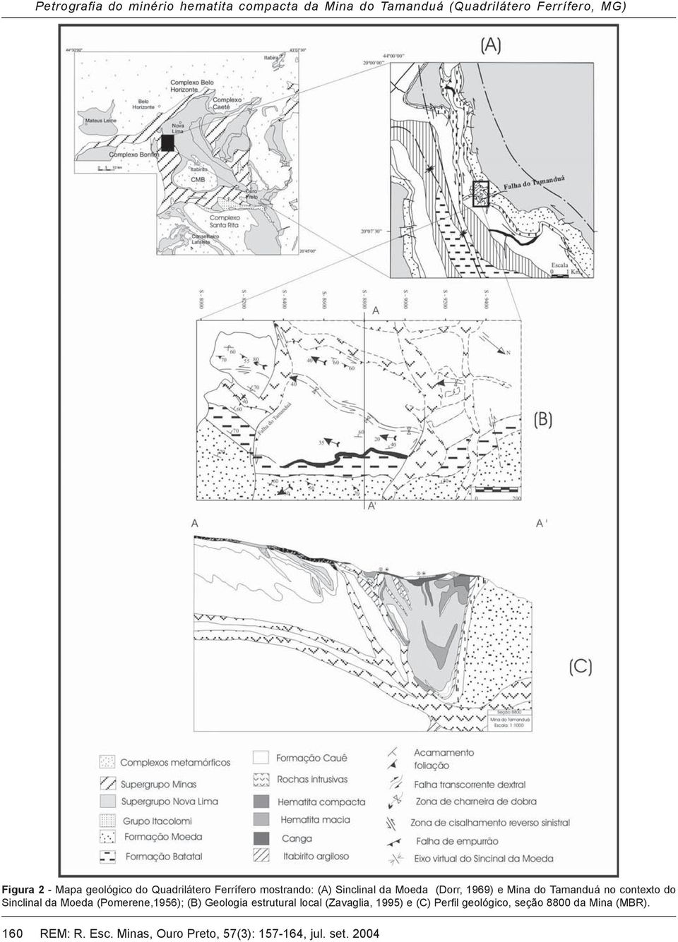 (Dorr, 1969) e Mina do Tamanduá no contexto do Sinclinal da Moeda (Pomerene,1956); (B)