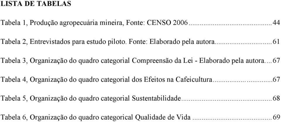 ... 61 Tabela 3, Organização do quadro categorial Compreensão da Lei - Elaborado pela autora.