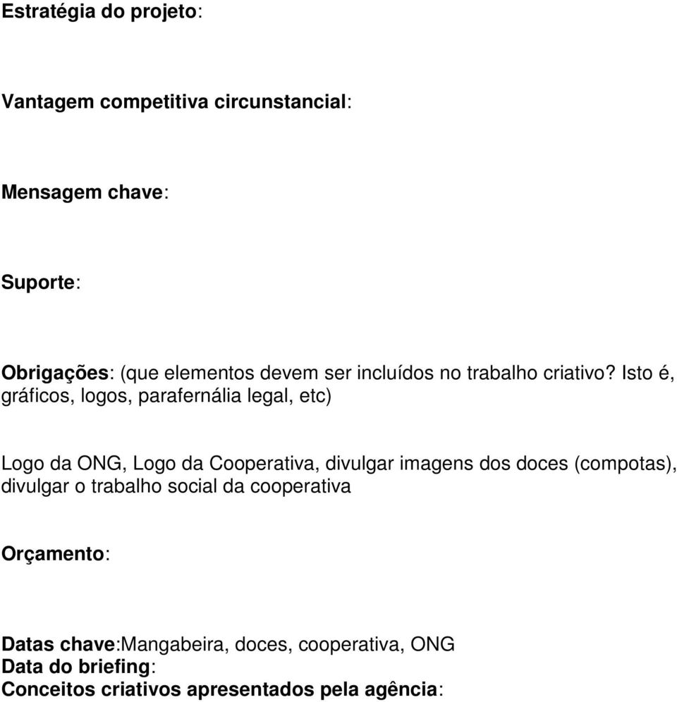 Isto é, gráficos, logos, parafernália legal, etc) Logo da ONG, Logo da Cooperativa, divulgar imagens dos doces