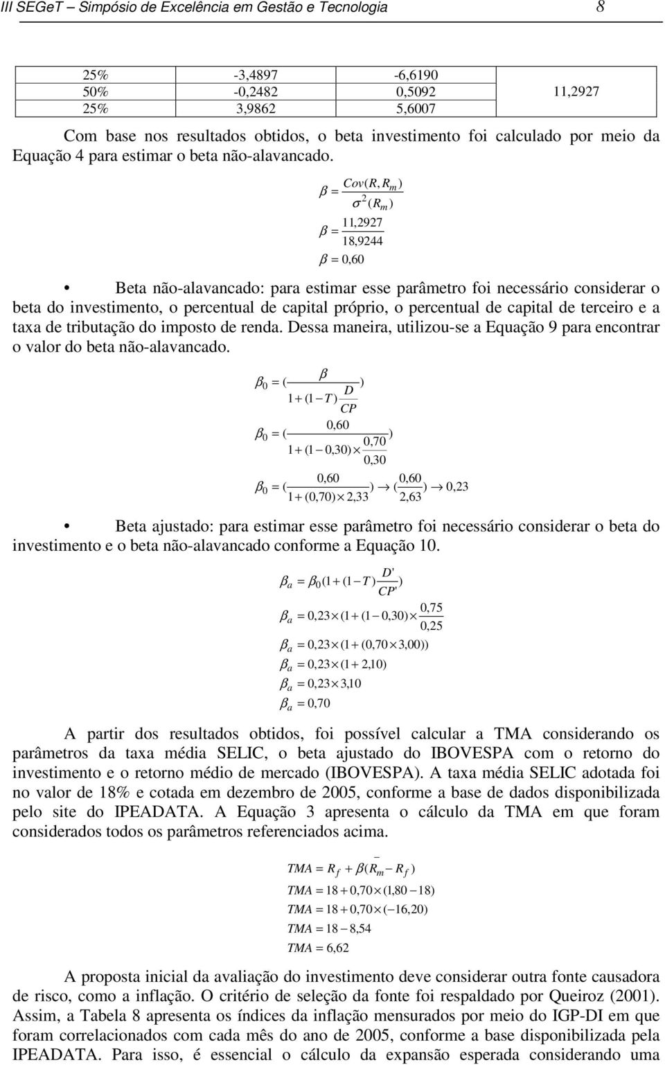 Cov( R, R β = m 2 σ ( Rm 11,2927 β = 18,9244 β = 0,60 Beta não-alavancado: para estimar esse parâmetro foi necessário considerar o beta do investimento, o percentual de capital próprio, o percentual