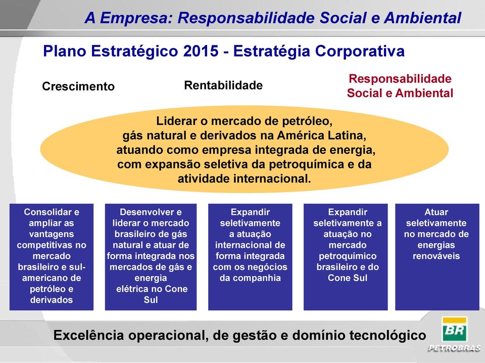 Consolidar e ampliar as vantagens competitivas no mercado brasileiro e sulamericano de petróleo e derivados Desenvolver e liderar o mercado brasileiro de gás natural e atuar de forma integrada nos