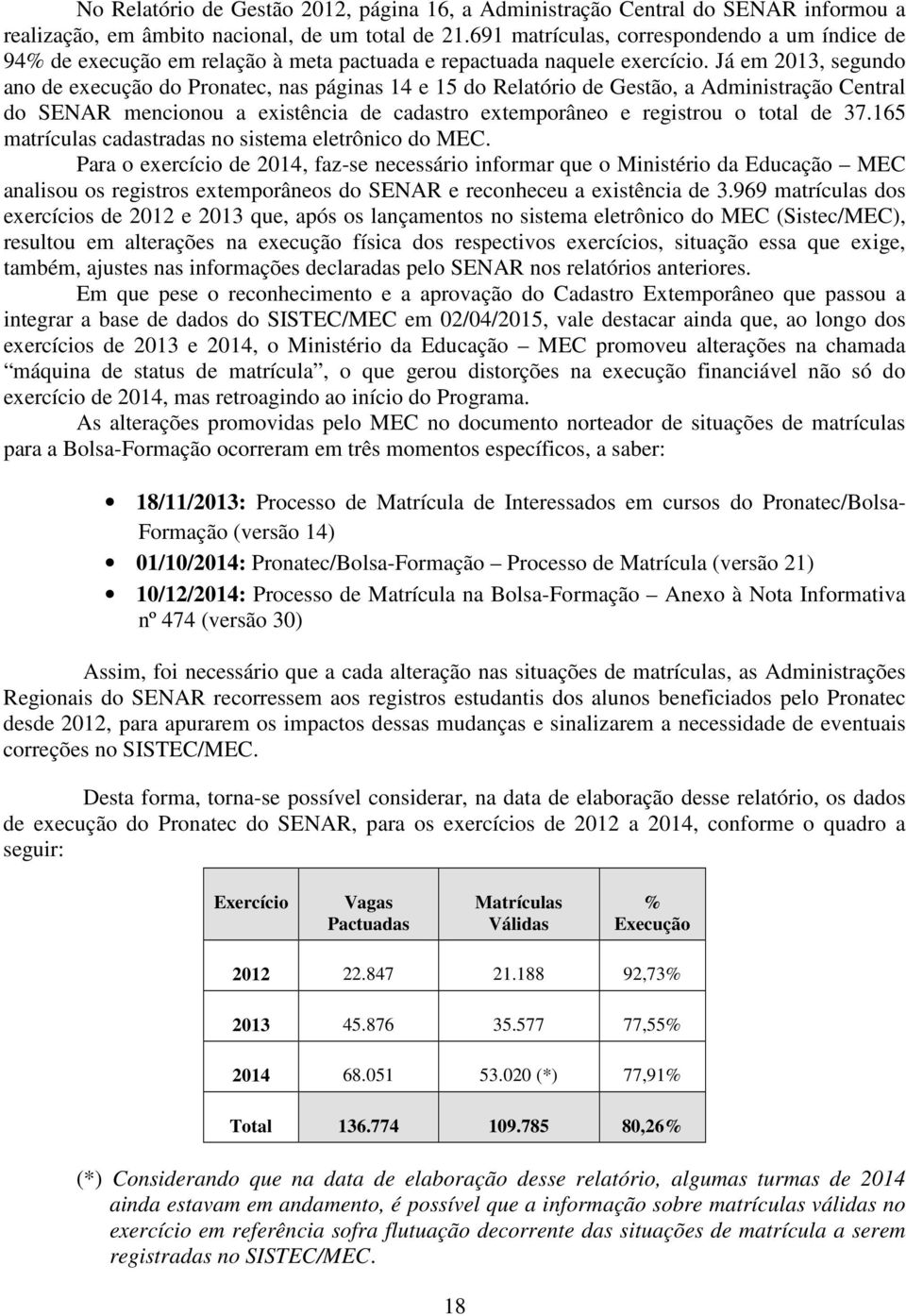 Já em 2013, segundo ano de execução do Pronatec, nas páginas 14 e 15 do Relatório de Gestão, a Administração Central do SENAR mencionou a existência de cadastro extemporâneo e registrou o total de 37.