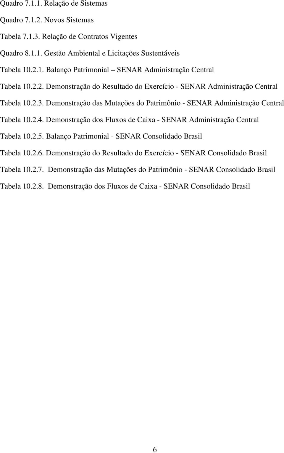 Demonstração dos Fluxos de Caixa - SENAR Administração Central Tabela 10.2.5. Balanço Patrimonial - SENAR Consolidado Brasil Tabela 10.2.6.