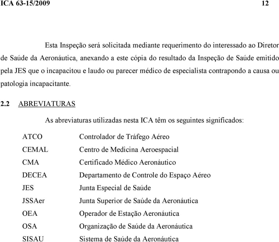 2 ABREVIATURAS As abreviaturas utilizadas nesta ICA têm os seguintes significados: ATCO CEMAL CMA DECEA JES JSSAer OEA OSA SISAU Controlador de Tráfego Aéreo Centro de Medicina