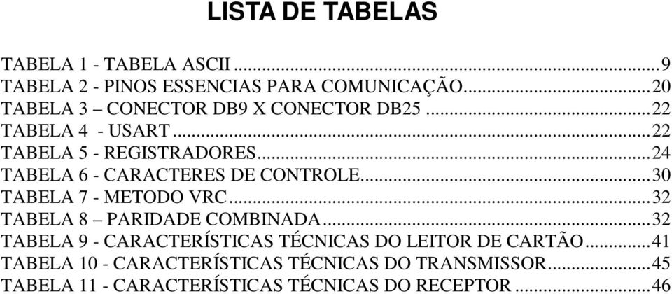 ..24 TABELA 6 - CARACTERES DE CONTROLE...30 TABELA 7 - METODO VRC...32 TABELA 8 PARIDADE COMBINADA.