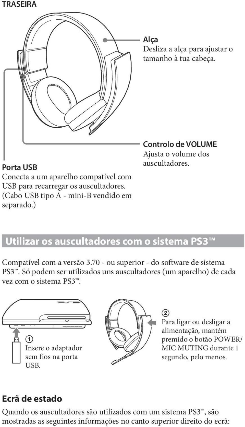 70 - ou superior - do software de sistema PS3. Só podem ser utilizados uns auscultadores (um aparelho) de cada vez com o sistema PS3. Insere o adaptador sem fios na porta USB.