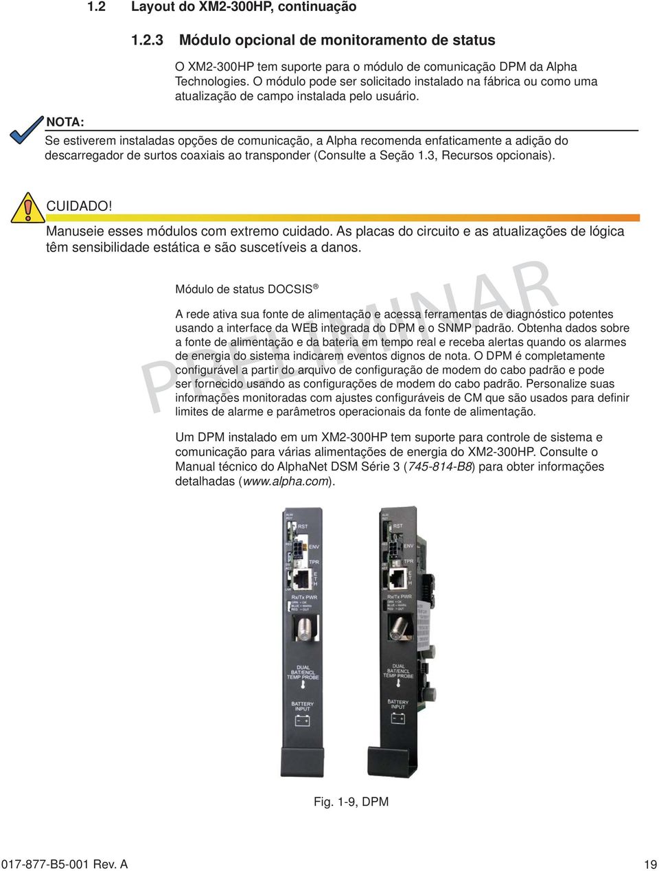 NOTA: Se estiverem instaladas opções de comunicação, a Alpha recomenda enfaticamente a adição do descarregador de surtos coaxiais ao transponder (Consulte a Seção 1.3, Recursos opcionais). CUIDADO!