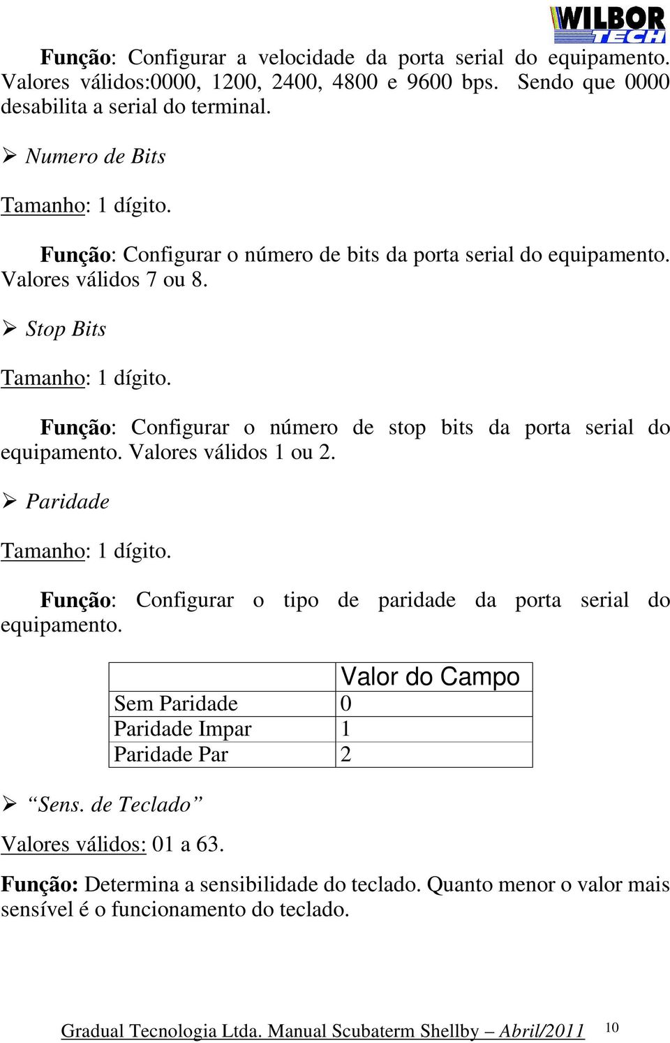 Função: Configurar o número de stop bits da porta serial do equipamento. Valores válidos 1 ou 2. Paridade Tamanho: 1 dígito.