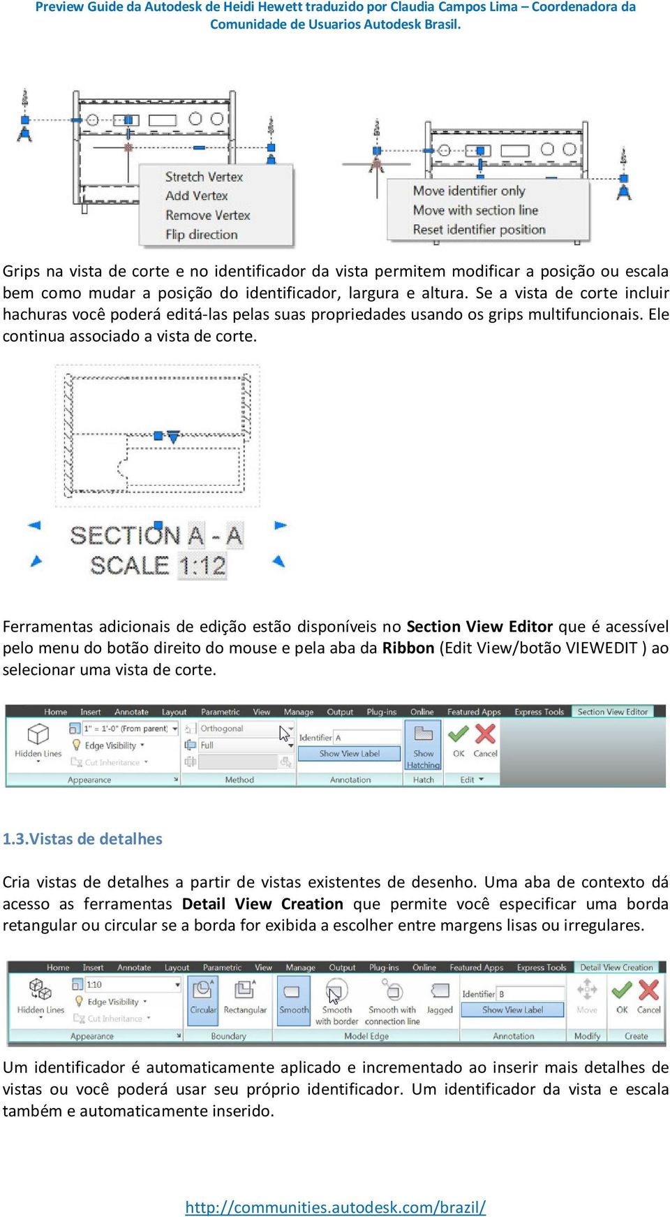 Ferramentas adicionais de edição estão disponíveis no Section View Editor que é acessível pelo menu do botão direito do mouse e pela aba da Ribbon (Edit View/botão VIEWEDIT ) ao selecionar uma vista