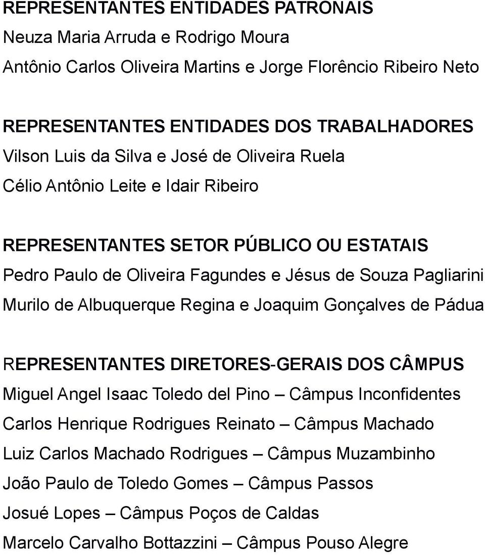 de Albuquerque Regina e Joaquim Gonçalves de Pádua REPRESENTANTES DIRETORES-GERAIS DOS CÂMPUS Miguel Angel Isaac Toledo del Pino Câmpus Inconfidentes Carlos Henrique Rodrigues Reinato