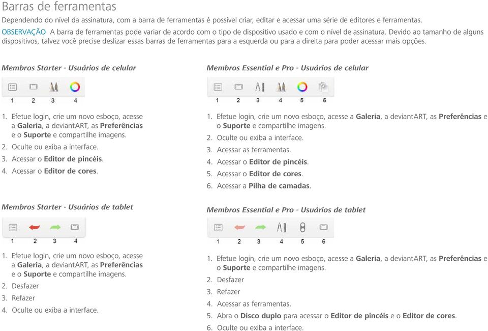 Devido ao tamanho de alguns dispositivos, talvez você precise deslizar essas barras de ferramentas para a esquerda ou para a direita para poder acessar mais opções.