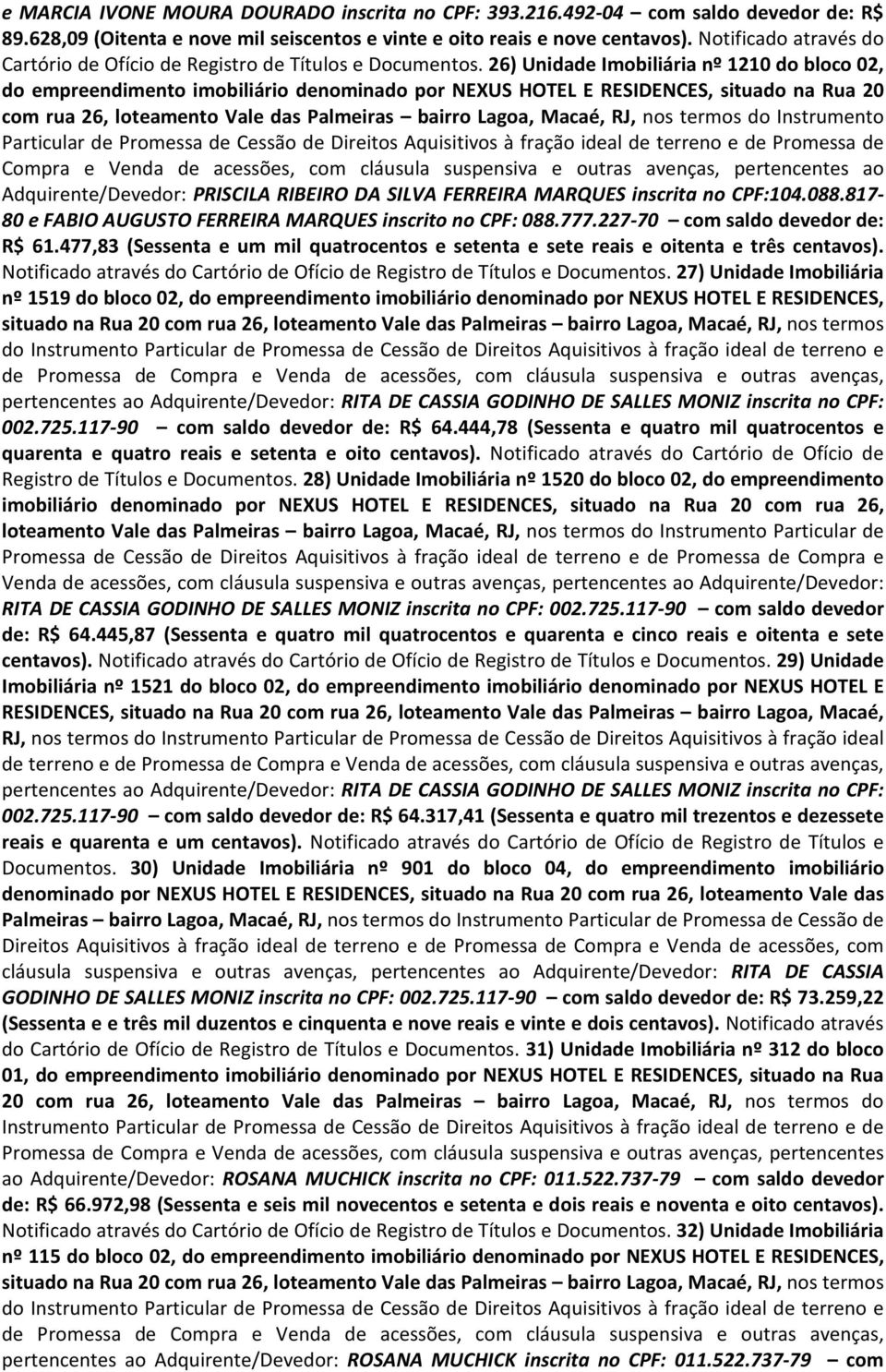 26) Unidade Imobiliária nº 1210 do bloco 02, do empreendimento imobiliário denominado por NEXUS HOTEL E RESIDENCES, situado na Rua 20 com rua 26, loteamento Vale das Palmeiras bairro Lagoa, Macaé,