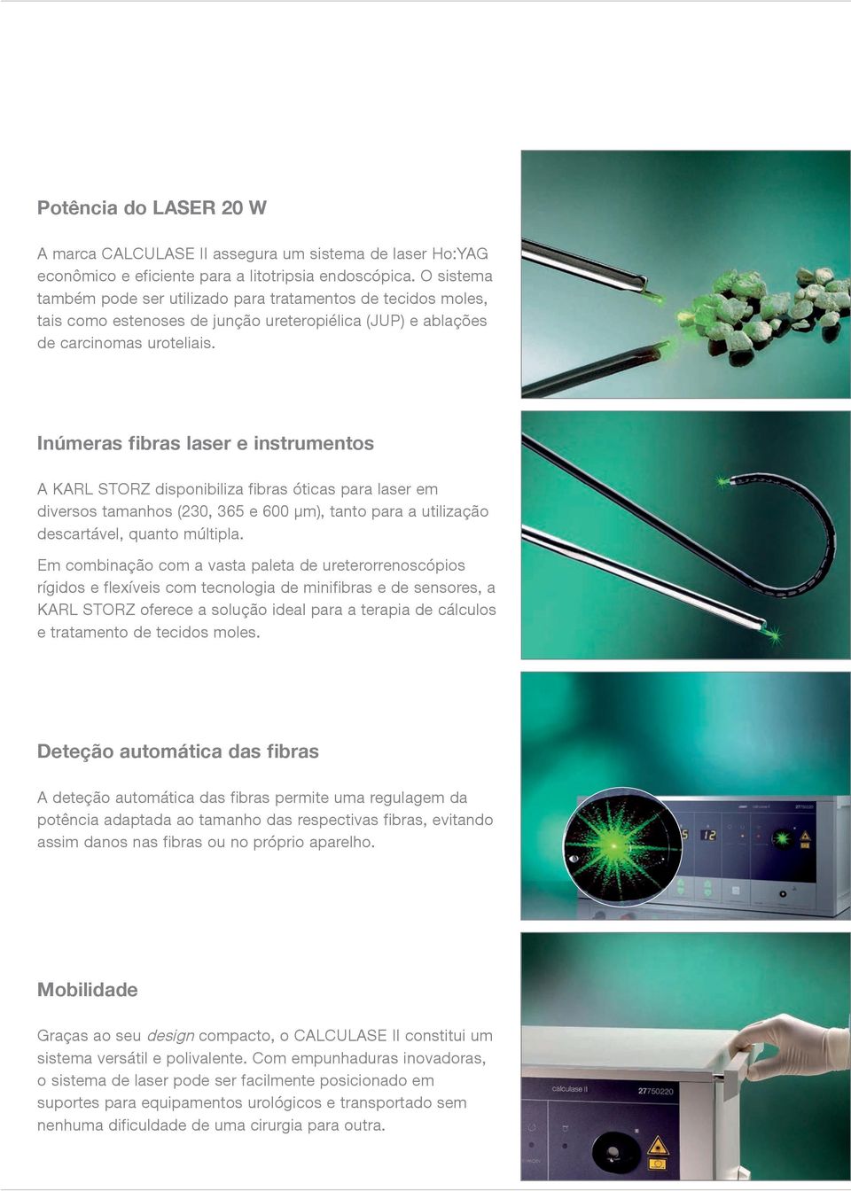 Inúmeras fibras laser e instrumentos A KARL STORZ disponibiliza fibras óticas para laser em diversos tamanhos (230, 365 e 600 μm), tanto para a utilização descartável, quanto múltipla.