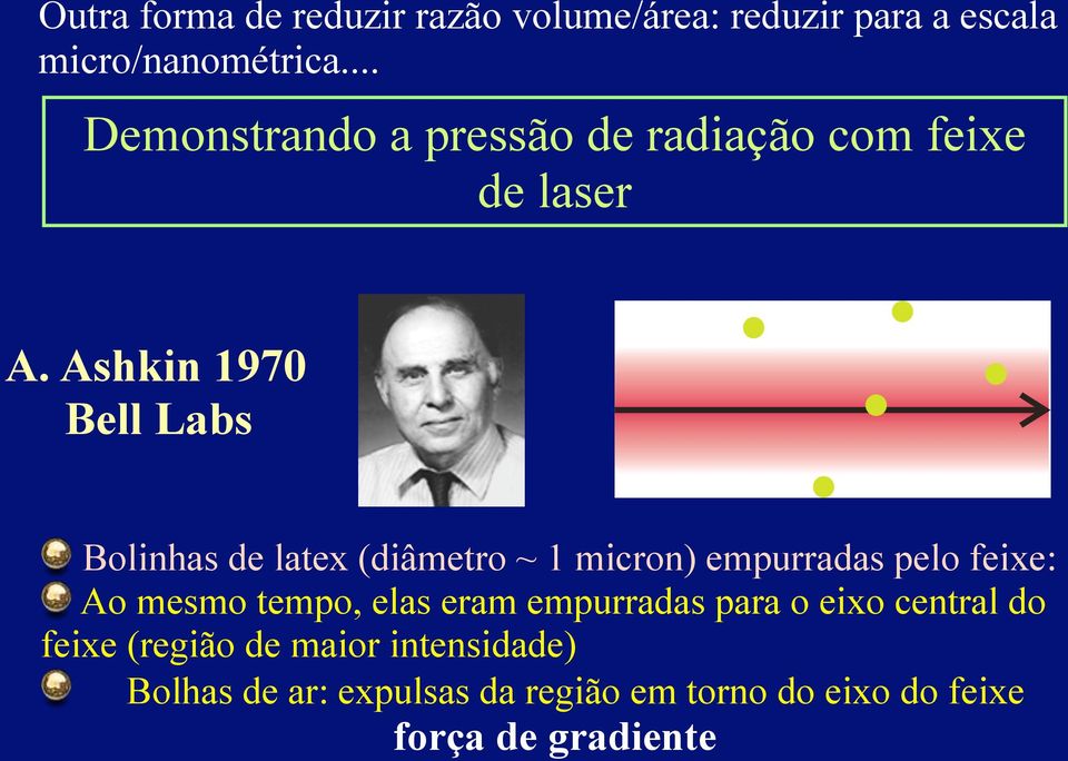 Ashkin 1970 Bell Labs Bolinhas de latex (diâmetro ~ 1 micron) empurradas pelo feixe: Ao mesmo