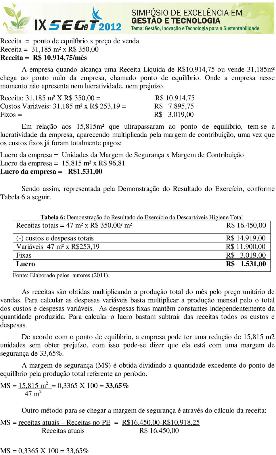 Receita: 31,185 m² X R$ 350,00 = Custos Variáveis: 31,185 m² x R$ 253,19 = Fixos = R$ 10.914,75 R$ 7.895,75 R$ 3.