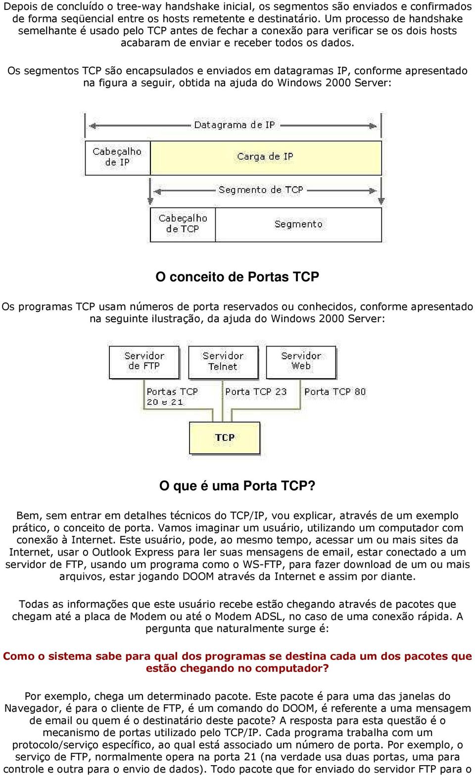 Os segmentos TCP são encapsulados e enviados em datagramas IP, conforme apresentado na figura a seguir, obtida na ajuda do Windows 2000 Server: O conceito de Portas TCP Os programas TCP usam números
