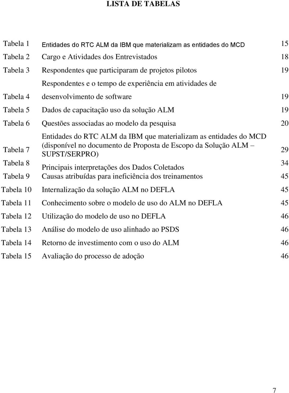 pesquisa 20 Tabela 7 Entidades do RTC ALM da IBM que materializam as entidades do MCD (disponível no documento de Proposta de Escopo da Solução ALM SUPST/SERPRO) 29 Tabela 8 Principais interpretações