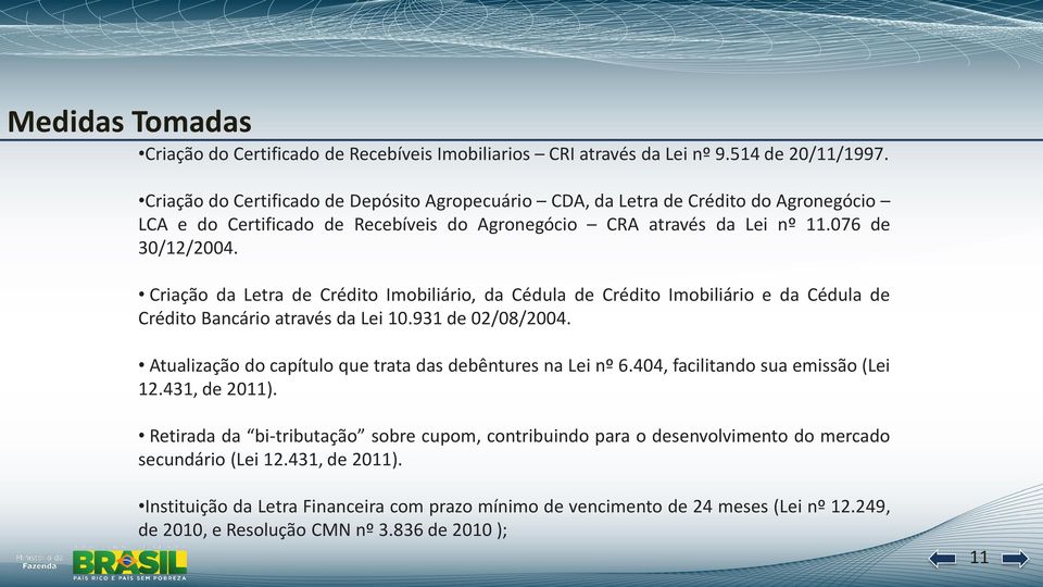 Criação da Letra de Crédito Imobiliário, da Cédula de Crédito Imobiliário e da Cédula de Crédito Bancário através da Lei 10.931 de 02/08/2004.