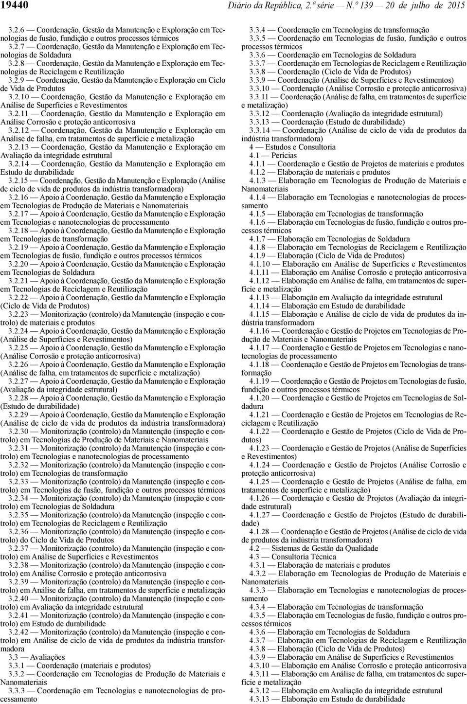 2.11 Coordenação, Gestão da Manutenção e Exploração em Análise Corrosão e proteção anticorrosiva 3.2.12 Coordenação, Gestão da Manutenção e Exploração em Análise de falha, em tratamentos de superfície e metalização 3.