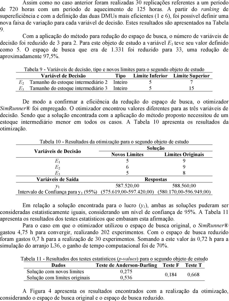 Estes resultados são apresentados na Tabela 9. Com a aplicação do método para redução do espaço de busca, o número de variáveis de decisão foi reduzido de 3 para 2.