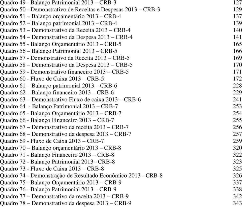 Quadro 57 - Demonstrativo da Receita 2013 CRB-5 169 Quadro 58 Demonstrativo da Despesa 2013 CRB-5 170 Quadro 59 - Demonstrativo financeiro 2013 CRB-5 171 Quadro 60 - Fluxo de Caixa 2013 CRB-5 172
