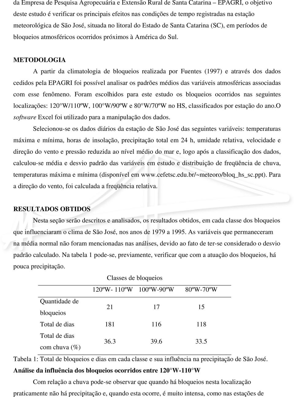 METODOLOGIA A partir da climatologia de bloqueios realizada por Fuentes (1997) e através dos dados cedidos pela EPAGRI foi possível analisar os padrões médios das variáveis atmosféricas associadas