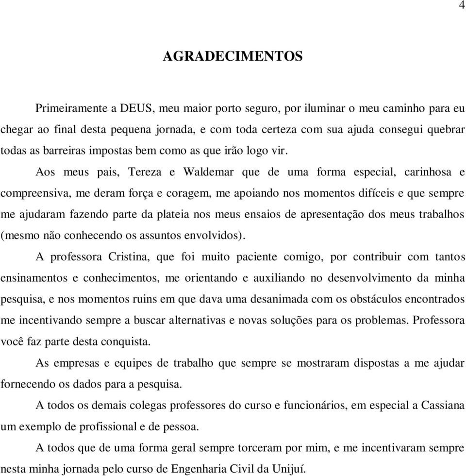 Aos meus pais, Tereza e Waldemar que de uma forma especial, carinhosa e compreensiva, me deram força e coragem, me apoiando nos momentos difíceis e que sempre me ajudaram fazendo parte da plateia nos