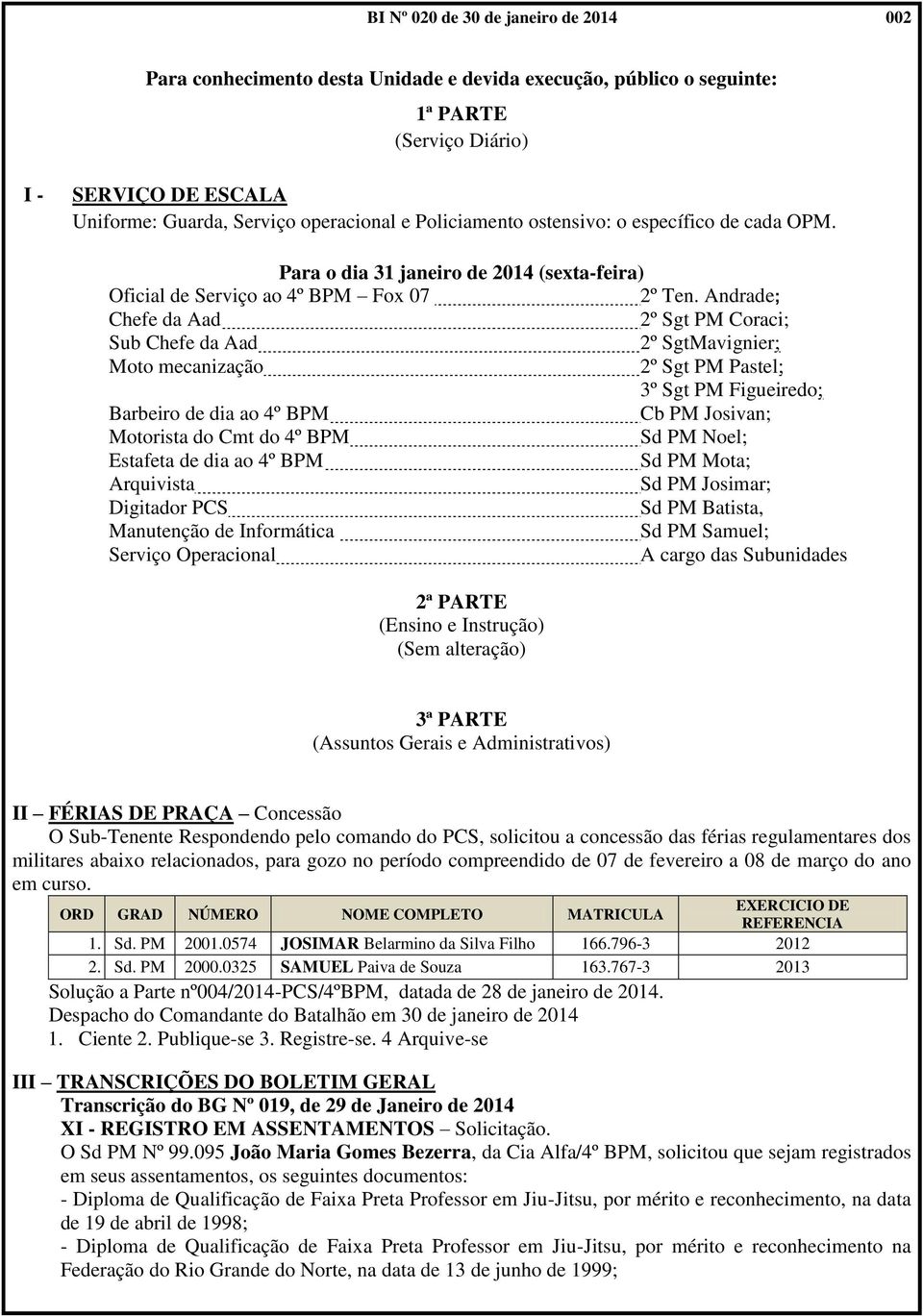 Andrade; Chefe da Aad 2º Sgt PM Coraci; Sub Chefe da Aad 2º SgtMavignier; Moto mecanização 2º Sgt PM Pastel; 3º Sgt PM Figueiredo; Barbeiro de dia ao 4º BPM Cb PM Josivan; Motorista do Cmt do 4º BPM